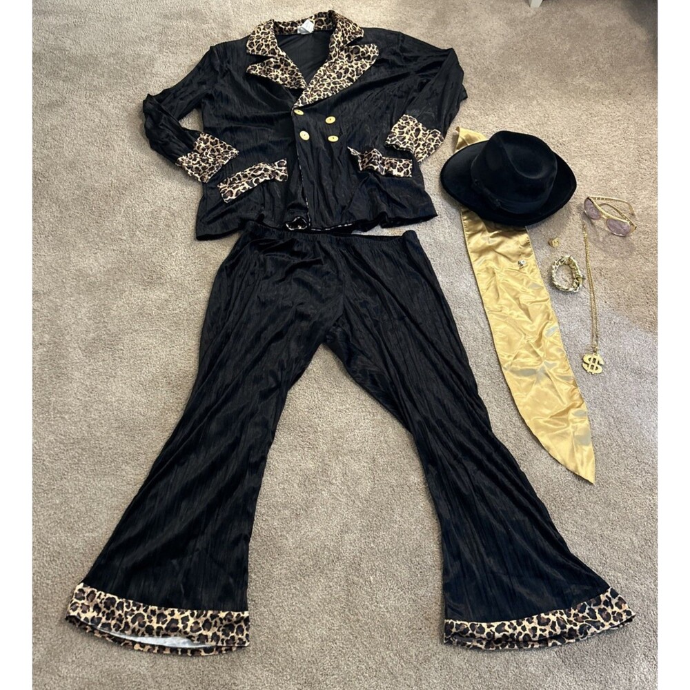 Supa Mac Daddy Pimp Halloween Adult Costume Leopard Black Fancy Dress Up Xtras!
